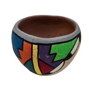 Vintage 1950s Pottery Clay Pot Bright Color Native American Hand Painted Bowl